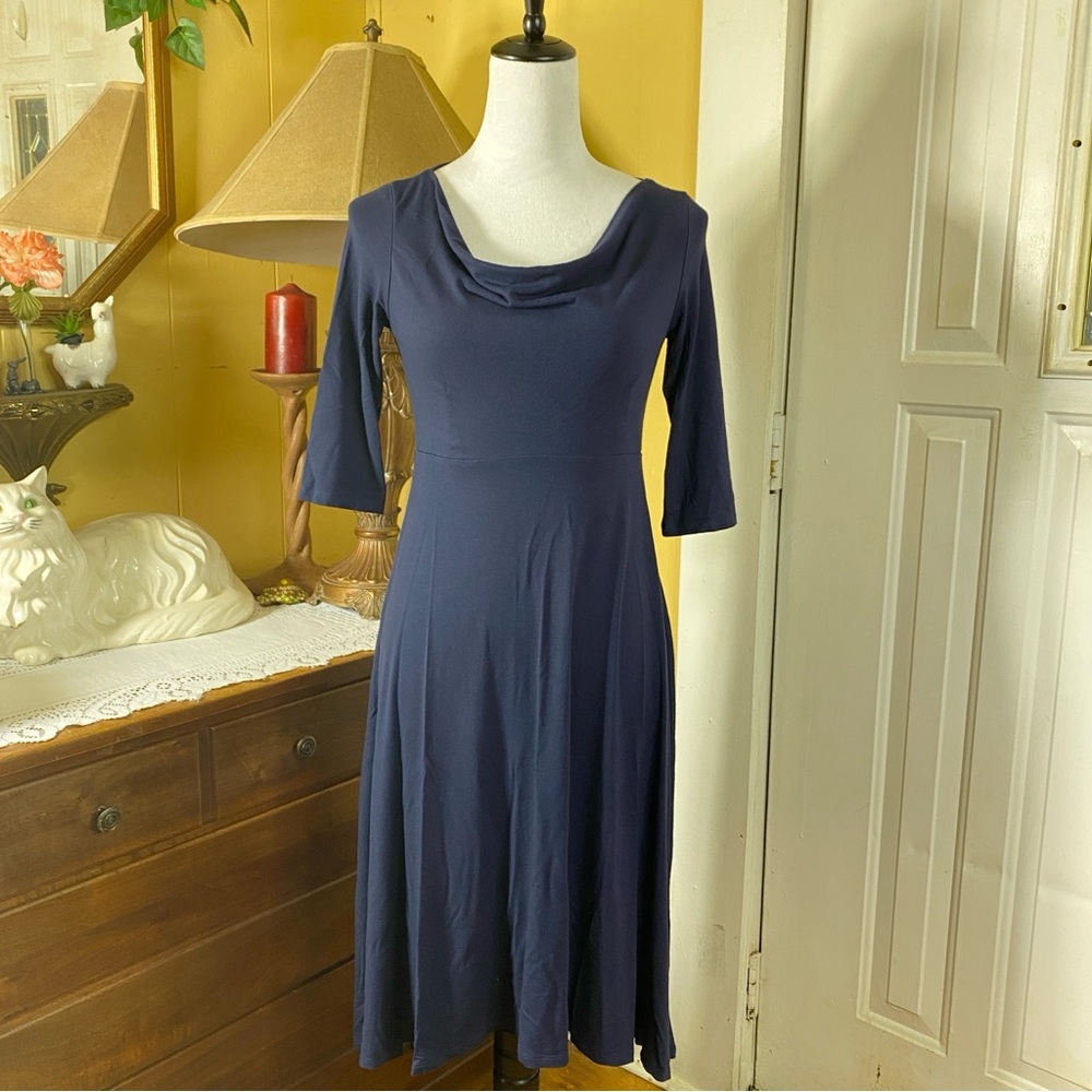EILEEN FISHER XXS Draped Neck Jersey Knit Stretch Dark Blue Knee Length Dress